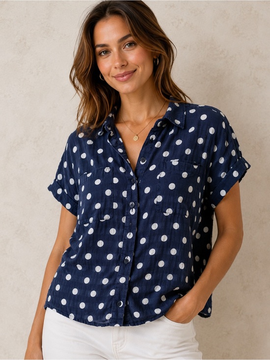 Maeve Tops - Maeve Anthropologie 100% Linen Navy White Polka Dot Button Front Shirt Large